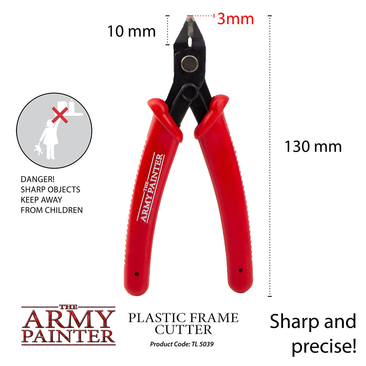 Red plastic frame cutter with dimensions and safety warning on a white background
