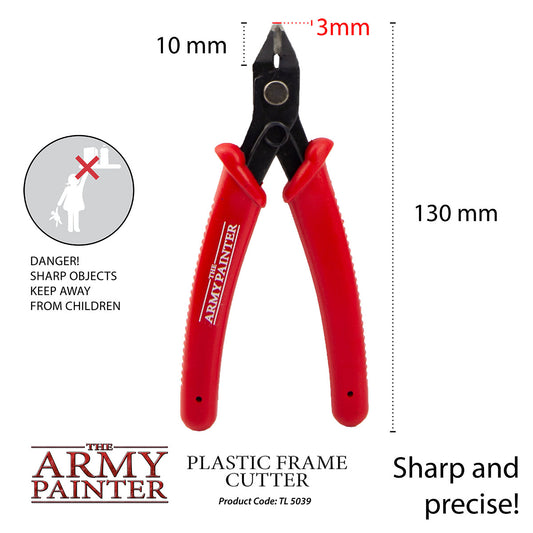 Red plastic frame cutter with dimensions and safety warning on a white background
