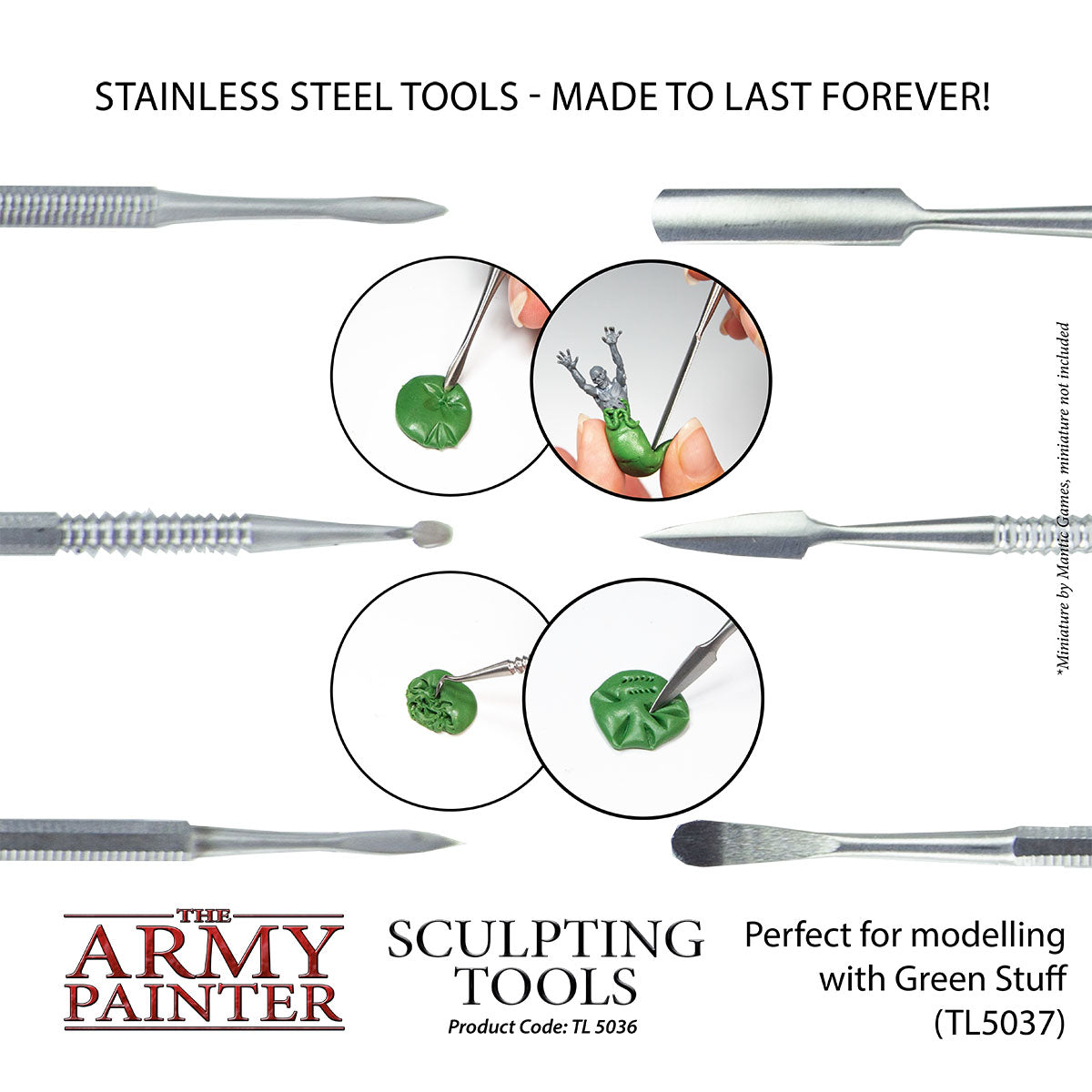 Sculpting tools for modeling with Green Stuff by The Army Painter on a white background.