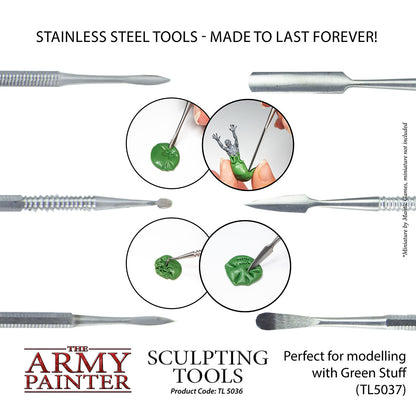 Sculpting tools for modeling with Green Stuff by The Army Painter on a white background.