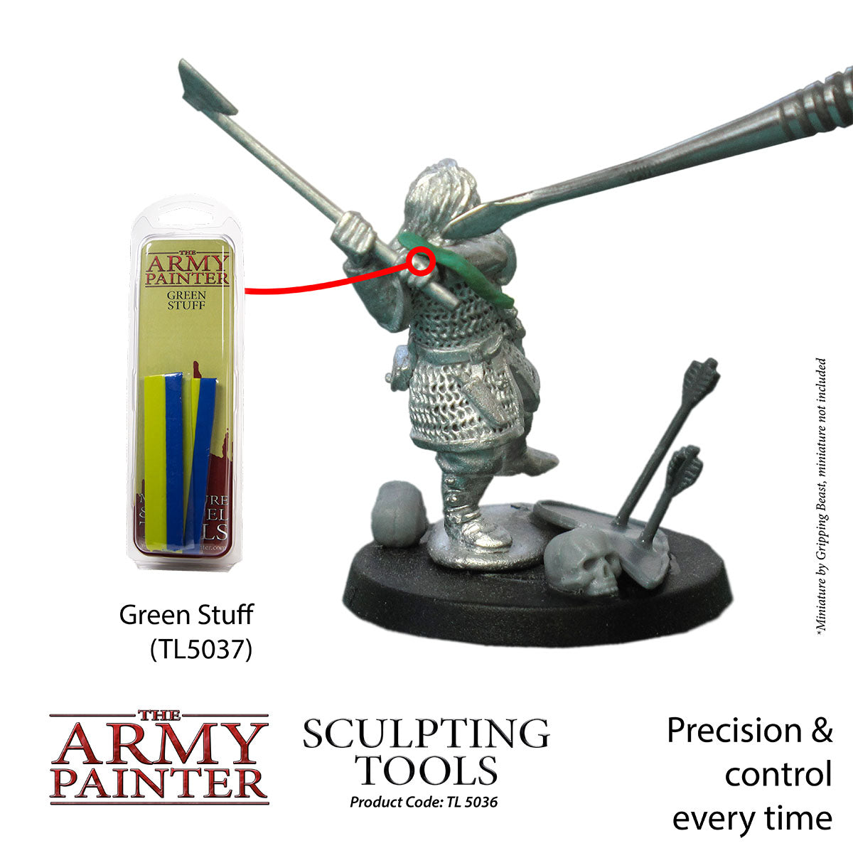 Miniature figure with sculpting tools and 'The Army Painter' branding on a white background