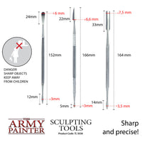 Sculpting tools with measurements and branding from 'The Army Painter'.