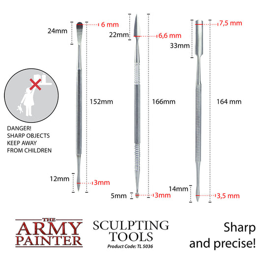 Sculpting tools with measurements and branding from 'The Army Painter'.