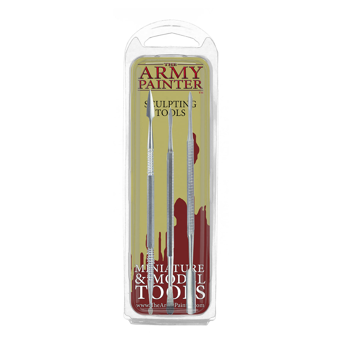 A blister pack containing The Army Painter Sculpting Tools, showing the set of three metal, double-ended tools.
