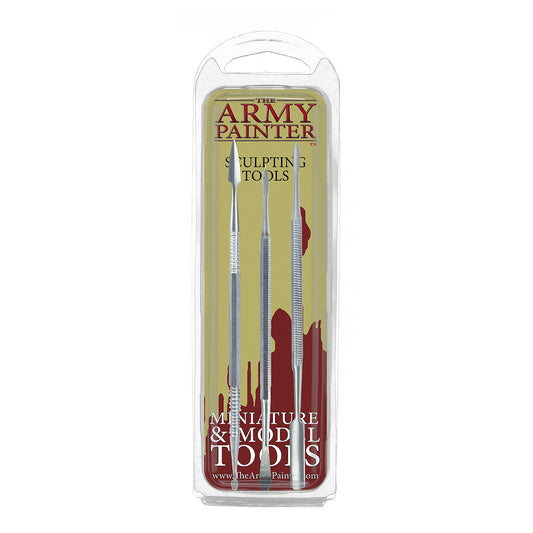 A blister pack containing The Army Painter Sculpting Tools, showing the set of three metal, double-ended tools.