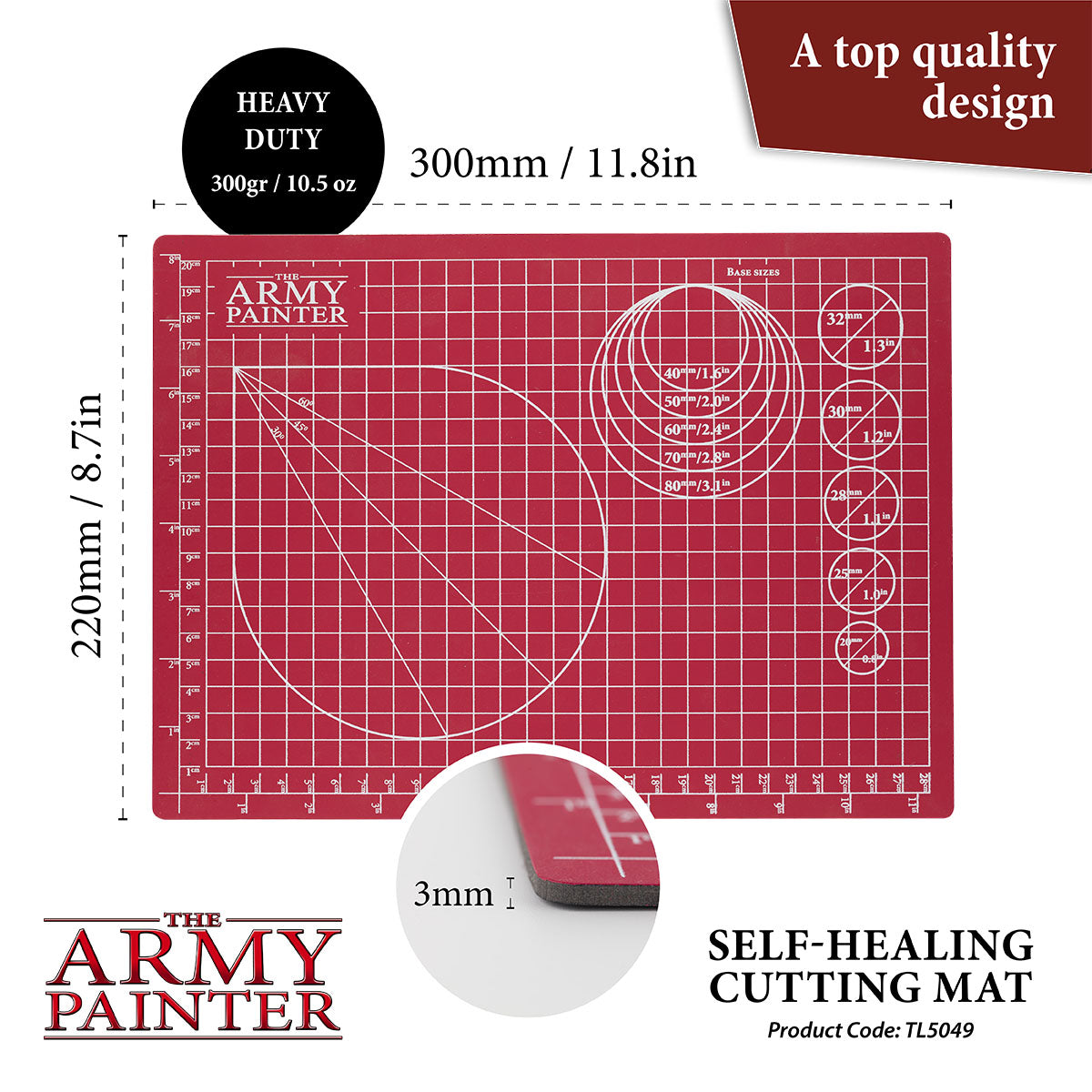 Red cutting mat with grid lines and measurements, branded 'The Army Painter', on a white background.