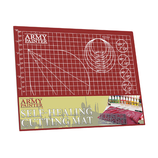 The Army Painter Self-Healing Cutting Mat, a red A4-sized mat with white grid lines, angle guides, and base size templates printed on it.