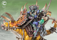 Close-up of the Thunder Chieftain rider model, highlighting the tribal helmet, blue skin, bone armor, and fierce expression.