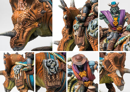 Close-up details of the Thunder Riders, emphasizing the dinosaur's textured skin, large horns, tribal saddles, and the muscular W'adrhŭn riders.