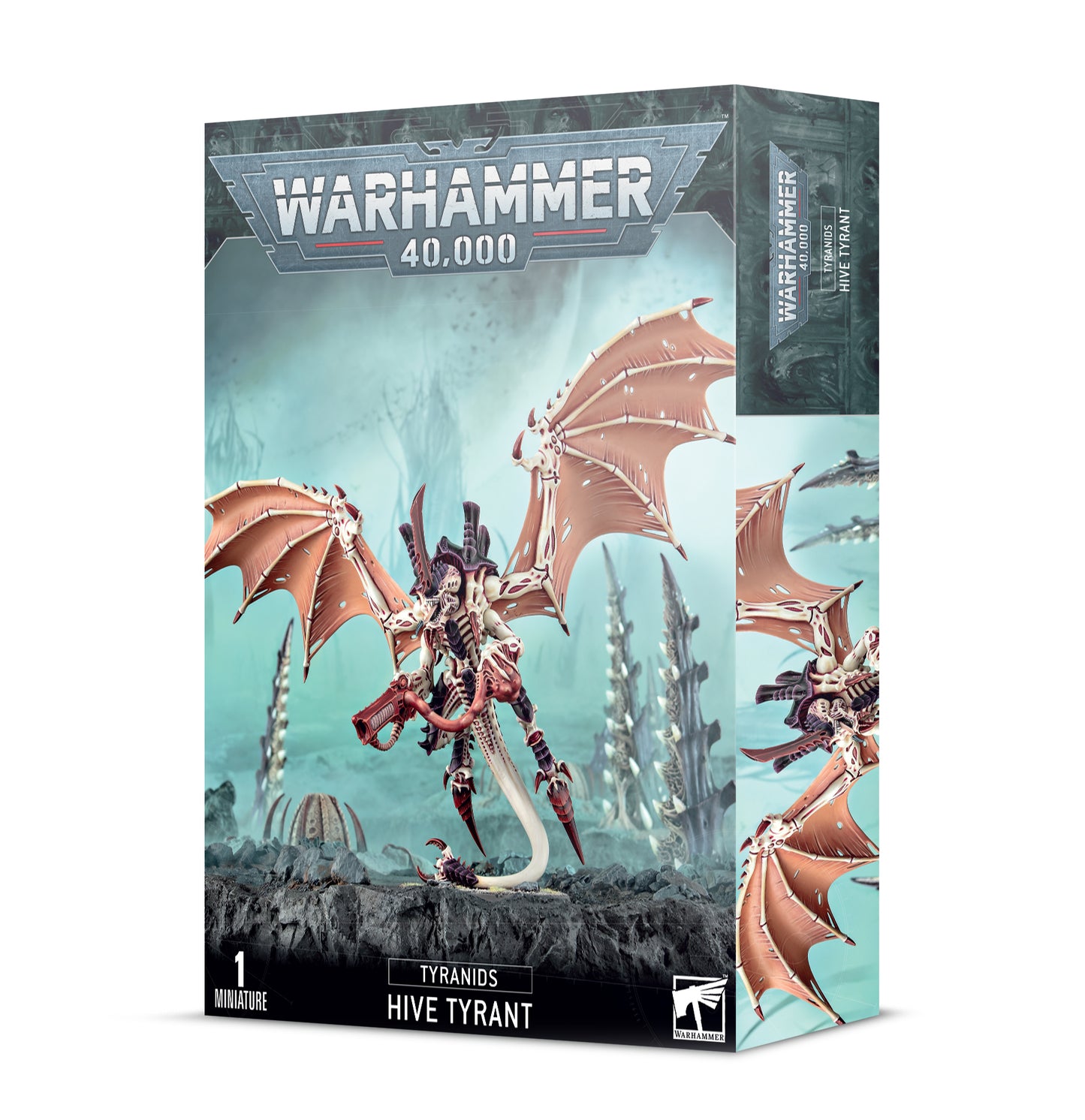 Box art for a Tyranids Winged Hive Tyrant with large pink wings and chitinous armor wielding a bio-cannon on an alien landscape. Christchurch, NZ.