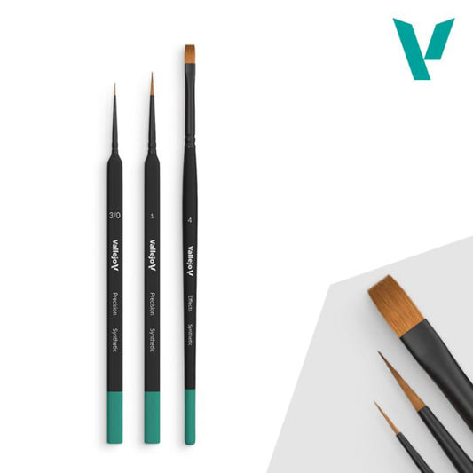 The Vallejo Precision Starter Set, showing two round detail brushes and one flat brush against a white background.