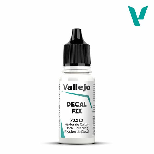 An 18ml bottle of Vallejo Decal Fix (73.213), a solution for applying decals to miniatures.