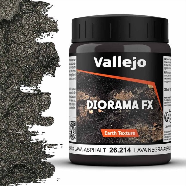 A 200ml jar of Vallejo Diorama Effects Black Lava, a texture paste for creating realistic volcanic ground or asphalt effects on models.