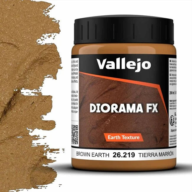 A 200ml jar of Vallejo Diorama Effects Brown Earth, a texture paste for creating realistic earth and soil effects on models.