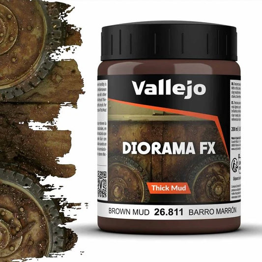 A 200ml jar of Vallejo Diorama Effects Brown Thick Mud, a texture paste for creating realistic mud on models and scenery.