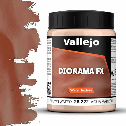 A 200ml jar of Vallejo Diorama Effects Brown Water, a dense brown gel for creating realistic river and murky water effects on models.