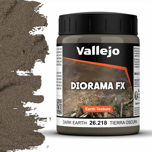 A 200ml jar of Vallejo Diorama Effects Dark Earth, a texture paste for creating realistic dark soil and humid ground effects on models.