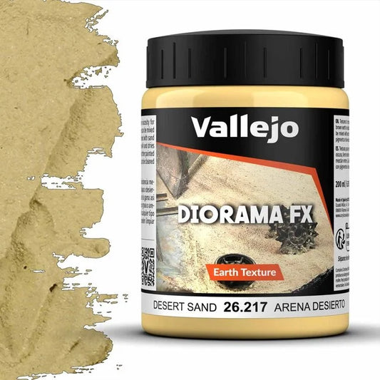 A 200ml jar of Vallejo Diorama Effects Desert Sand, a texture paste for creating realistic sand effects on models and scenery.