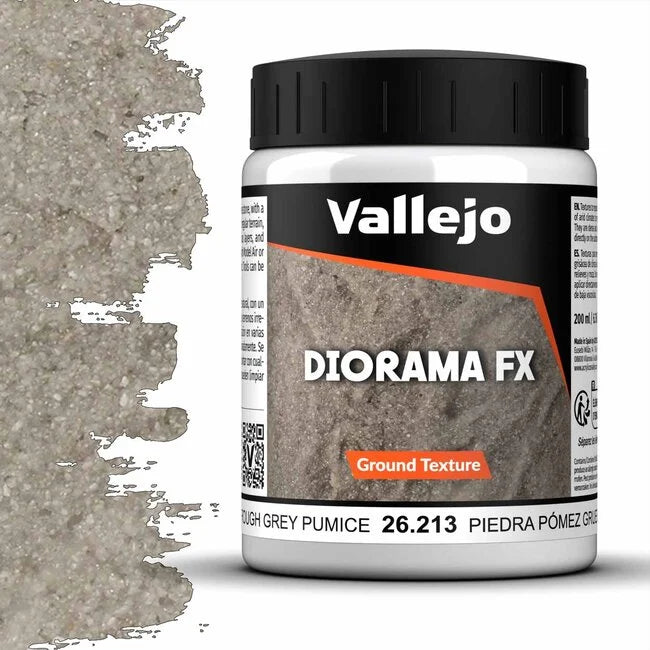 A 200ml jar of Vallejo Diorama Effects Grey Pumice, a texture paste for creating realistic rough stone and terrain effects on models.