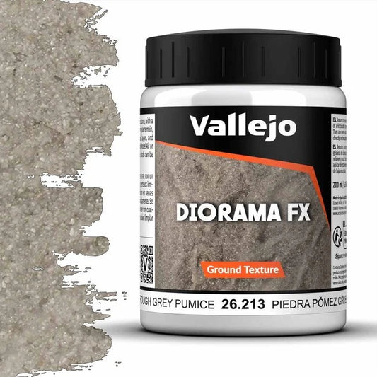 A 200ml jar of Vallejo Diorama Effects Grey Pumice, a texture paste for creating realistic rough stone and terrain effects on models.