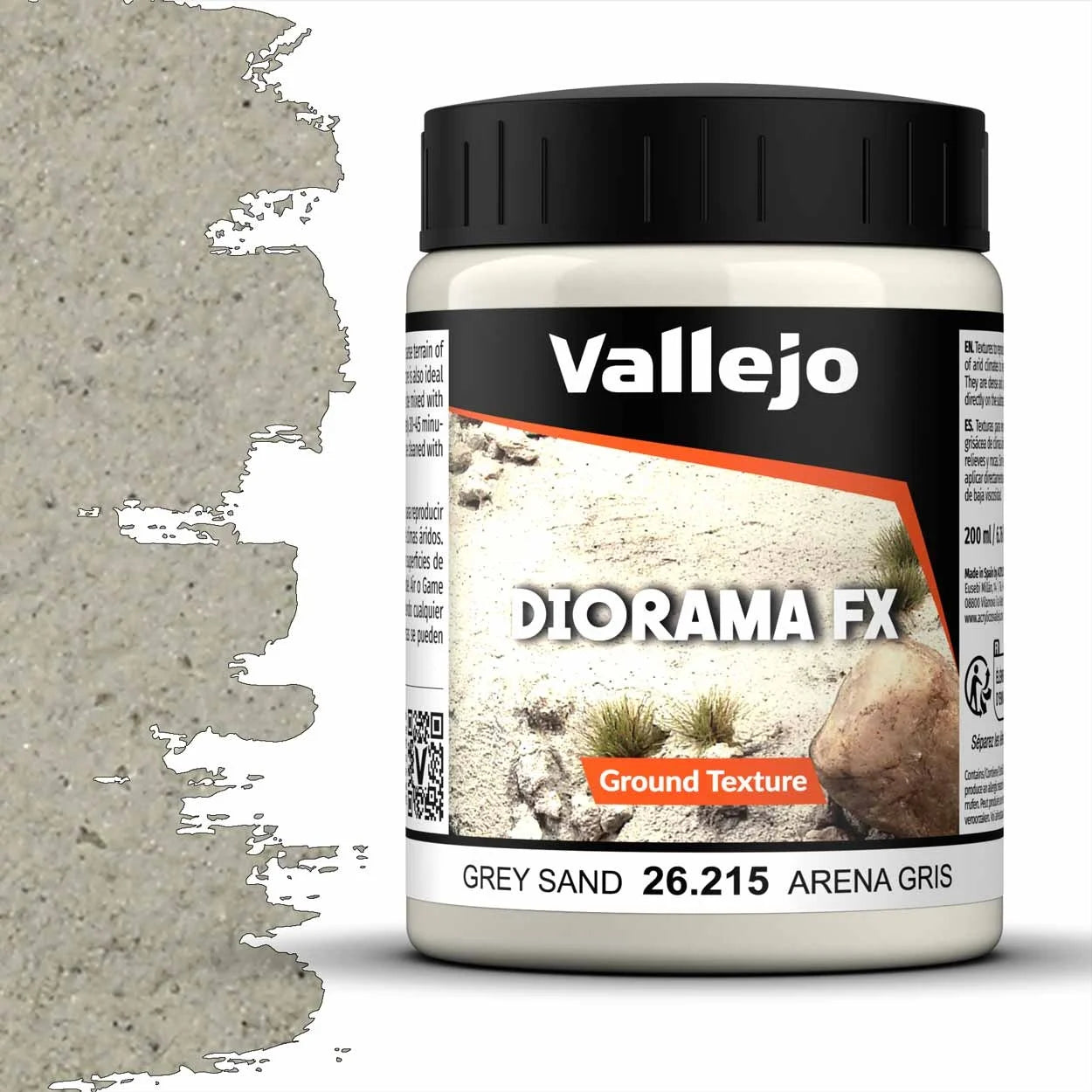 A 200ml jar of Vallejo Diorama Effects Grey Sand, a texture paste for creating realistic rocky ground or rust effects on models.