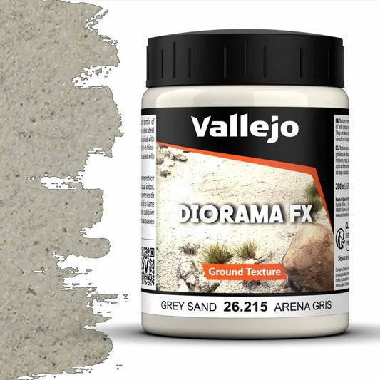 A 200ml jar of Vallejo Diorama Effects Grey Sand, a texture paste for creating realistic rocky ground or rust effects on models.