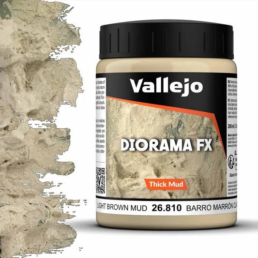 A 200ml jar of Vallejo Diorama Effects Light Brown Thick Mud, a texture paste for creating realistic mud on models and scenery.