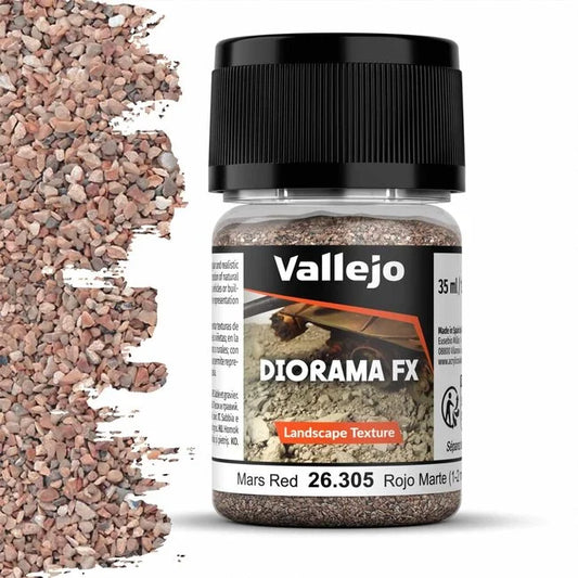 A 35ml jar of Vallejo Diorama Effects Mars Red (1-2mm), a landscape texture material for creating realistic red soil and terrain.
