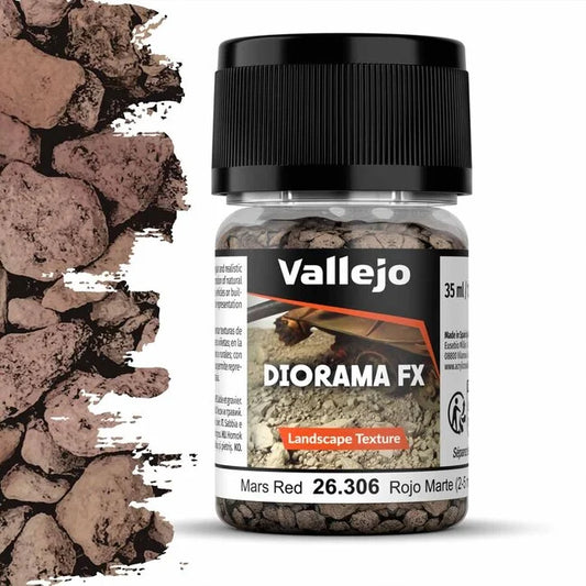 A 35ml jar of Vallejo Diorama Effects Mars Red, a landscape texture material for creating realistic red soil and terrain.