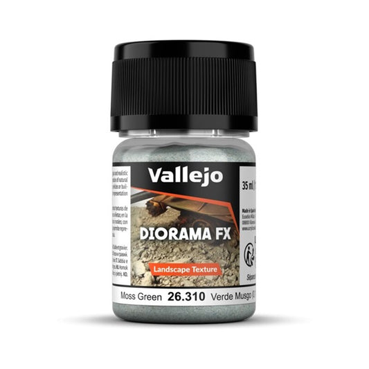 A 35ml jar of Vallejo Diorama Effects Moss Green, a fine landscape texture material for creating realistic mossy ground effects.