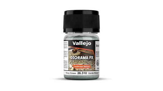 A 35ml jar of Vallejo Diorama Effects Moss Green, a fine landscape texture material for creating realistic mossy ground effects.