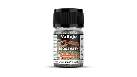A 35ml jar of Vallejo Diorama Effects Moss Green, a medium landscape texture material for creating realistic mossy ground effects.
