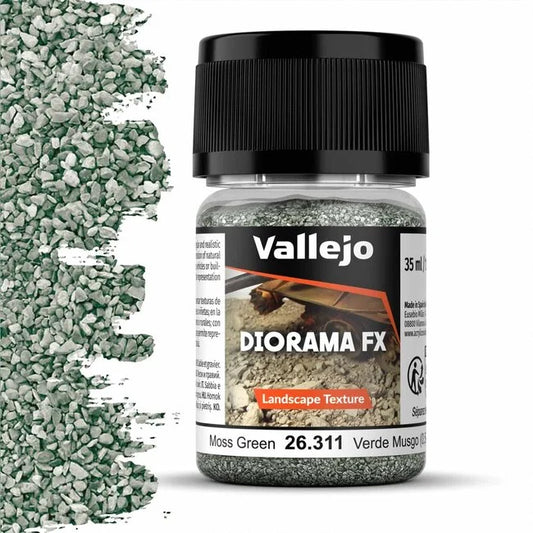 A 35ml jar of Vallejo Diorama Effects Moss Green, a medium landscape texture material for creating realistic mossy ground effects.
