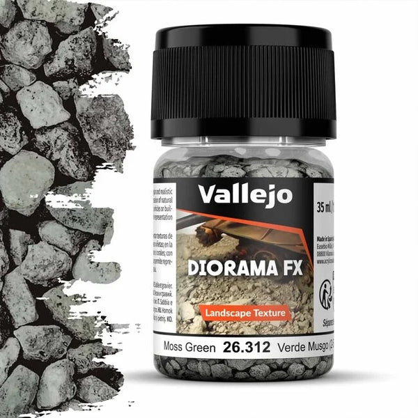 A 35ml jar of Vallejo Diorama Effects Moss Green, a coarse landscape texture material for creating realistic mossy ground effects.