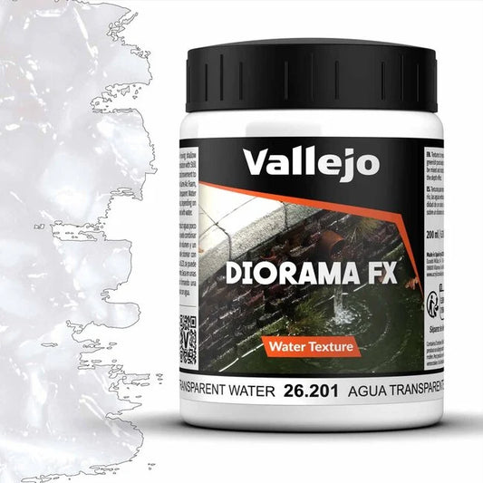 A 200ml jar of Vallejo Diorama Effects Transparent Water, a clear gel for creating realistic water textures and effects on models.