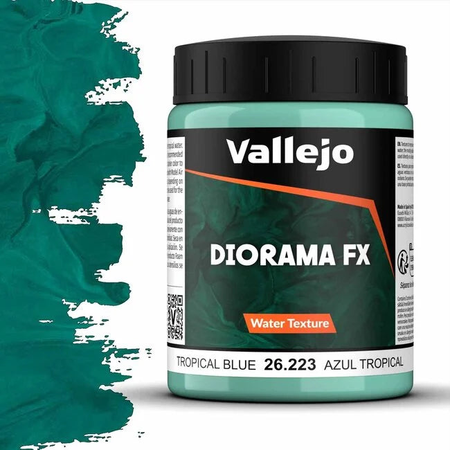 A 200ml jar of Vallejo Diorama Effects Tropical Water, a dense turquoise gel for creating realistic water effects on models.