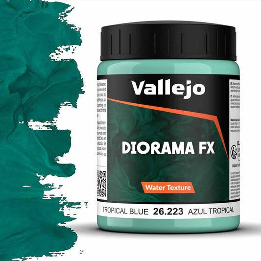 A 200ml jar of Vallejo Diorama Effects Tropical Water, a dense turquoise gel for creating realistic water effects on models.