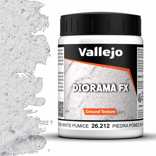 A 200ml jar of Vallejo Diorama Effects White Pumice, a texture paste for creating realistic rough white stone and terrain effects.