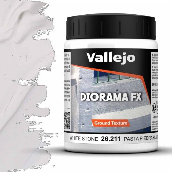 A 200ml jar of Vallejo Diorama Effects White Stone Paste, a smooth texture paste for creating realistic white stone or mortar effects.