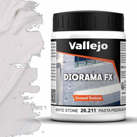 A 200ml jar of Vallejo Diorama Effects White Stone Paste, a smooth texture paste for creating realistic white stone or mortar effects.