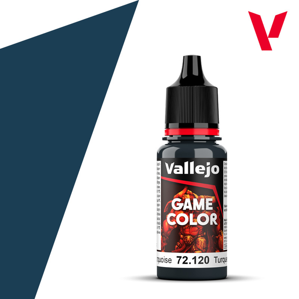 An 18ml bottle of the new Vallejo Game Color acrylic paint in the colour Abyssal Turquoise (72.120).