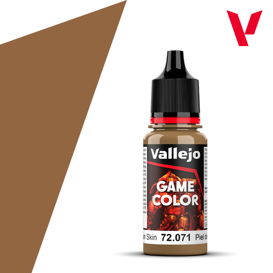 An 18ml bottle of the new Vallejo Game Color acrylic paint in the colour Barbarian Skin (72.071).