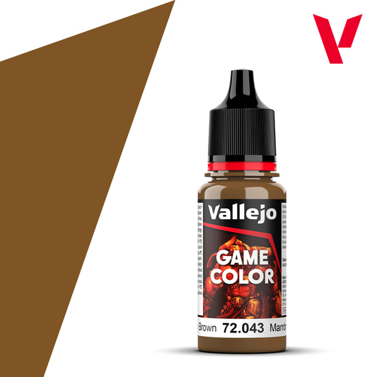 An 18ml bottle of the new Vallejo Game Color acrylic paint in the colour Beasty Brown (72.043).