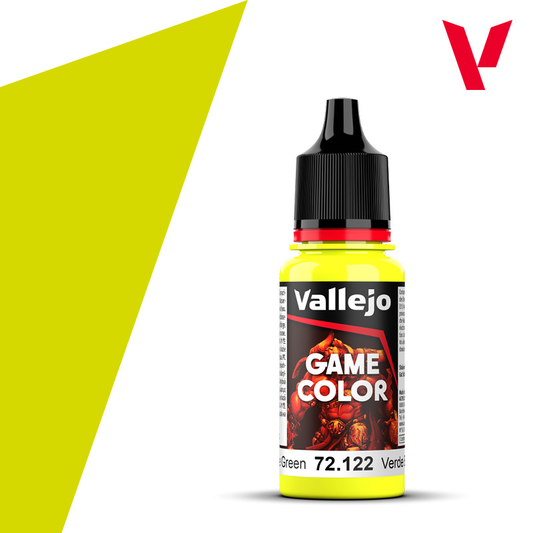 An 18ml bottle of the new Vallejo Game Color acrylic paint in the colour Bile Green (72.122).