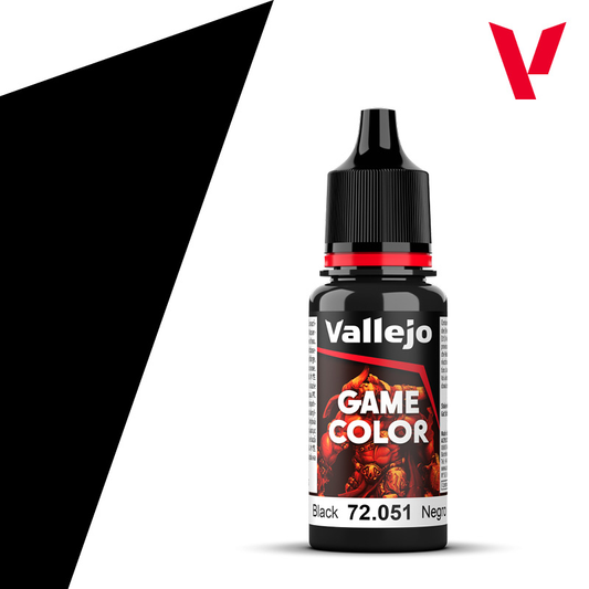 An 18ml bottle of the new Vallejo Game Color acrylic paint in the colour Black (72.051).