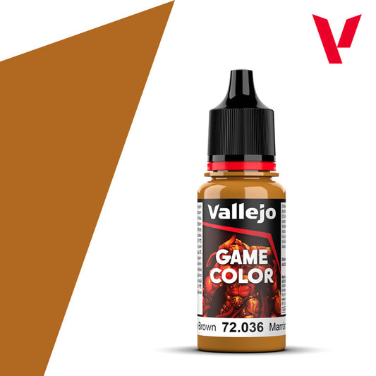 An 18ml bottle of the new Vallejo Game Color acrylic paint in the colour Bronze Brown (72.036).