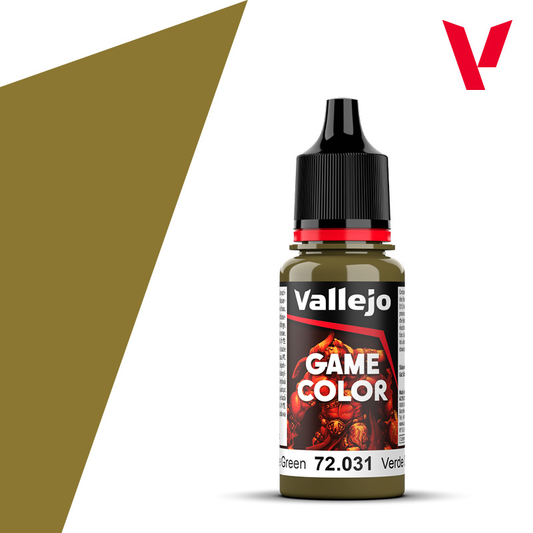 An 18ml bottle of the new Vallejo Game Color acrylic paint in the colour Camouflage Green (72.031).