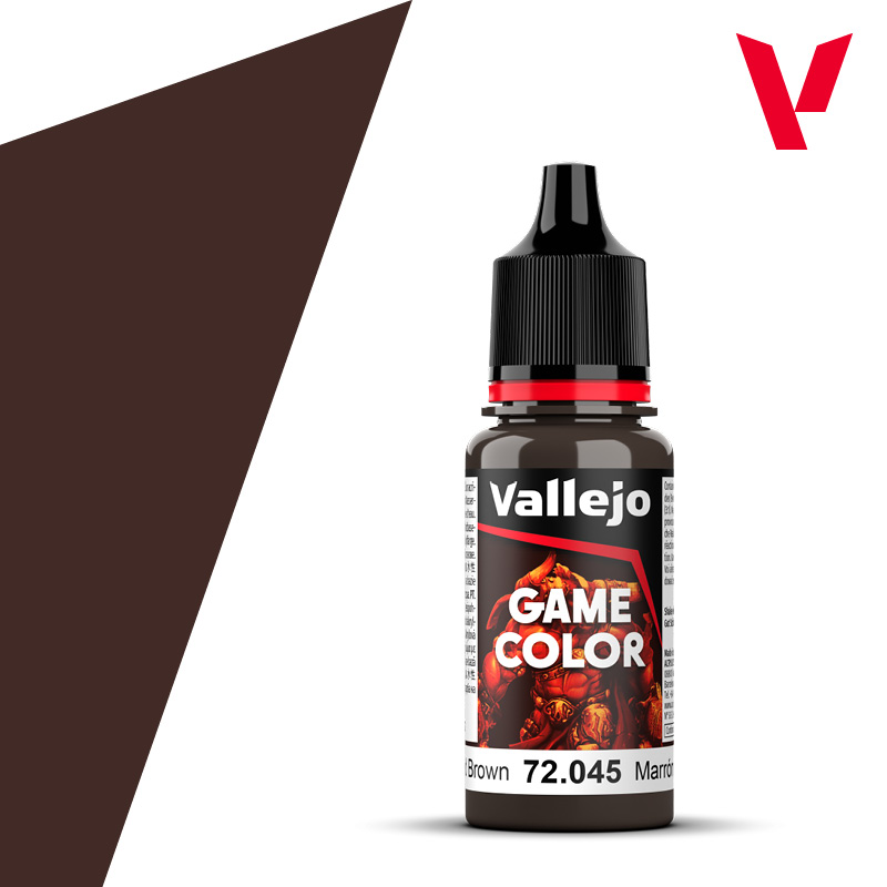 An 18ml bottle of the new Vallejo Game Color acrylic paint in the colour Charred Brown (72.045).