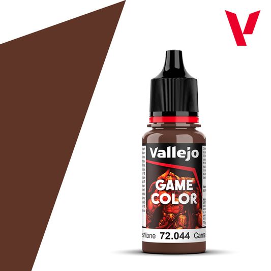 An 18ml bottle of the new Vallejo Game Color acrylic paint in the colour Dark Fleshtone (72.044).