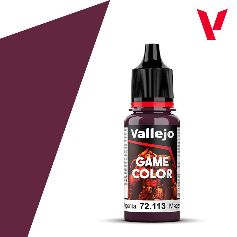An 18ml bottle of the new Vallejo Game Color acrylic paint in the colour Deep Magenta (72.113).